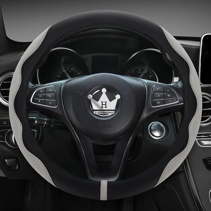 HighnessHwoo Luxury Suede Steering Wheel Cover for Cars Soft Leather Padded Wheels Cover for Sedan SUV Thin Car Handle Cover Universal Fit Anti Slip 14751515in Gray - Image 2
