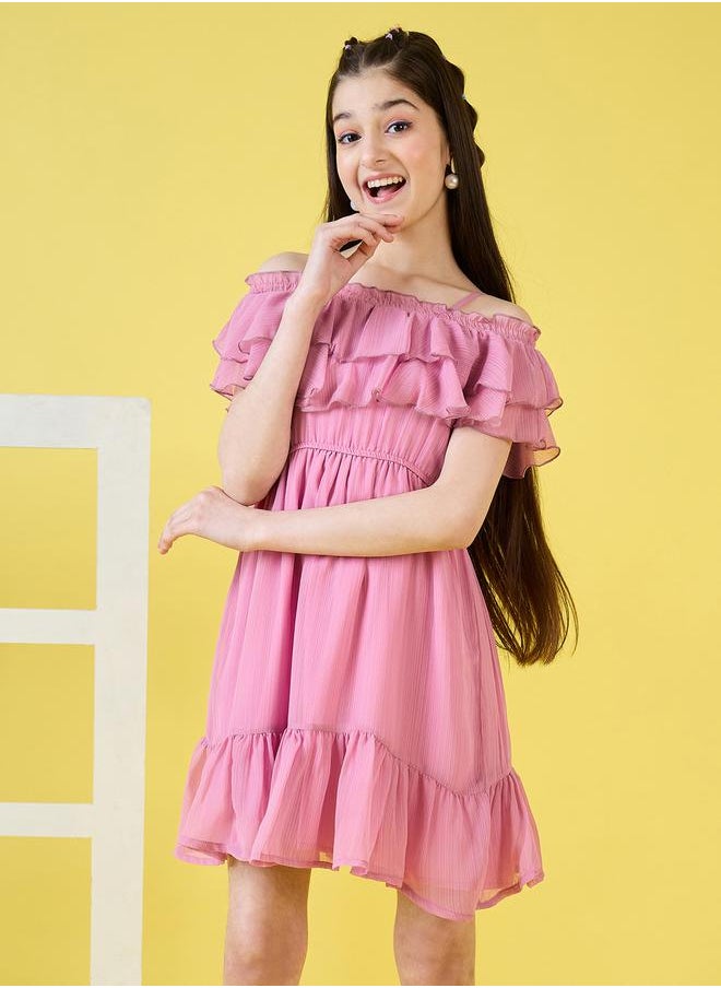 Stylo Bug - Solid Cold-Shoulder Sleeves Ruffled Dress by Styli - Image 1