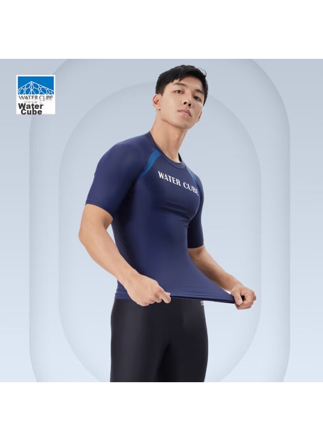 WATER CUBE Shuili Fang Men's Short-sleeve Swim Shirt, Quick-drying, Chlorine-resistant, High-elasticity, Comfortable Hot Spring Swimwear, Navy Blue, XL - Image 2
