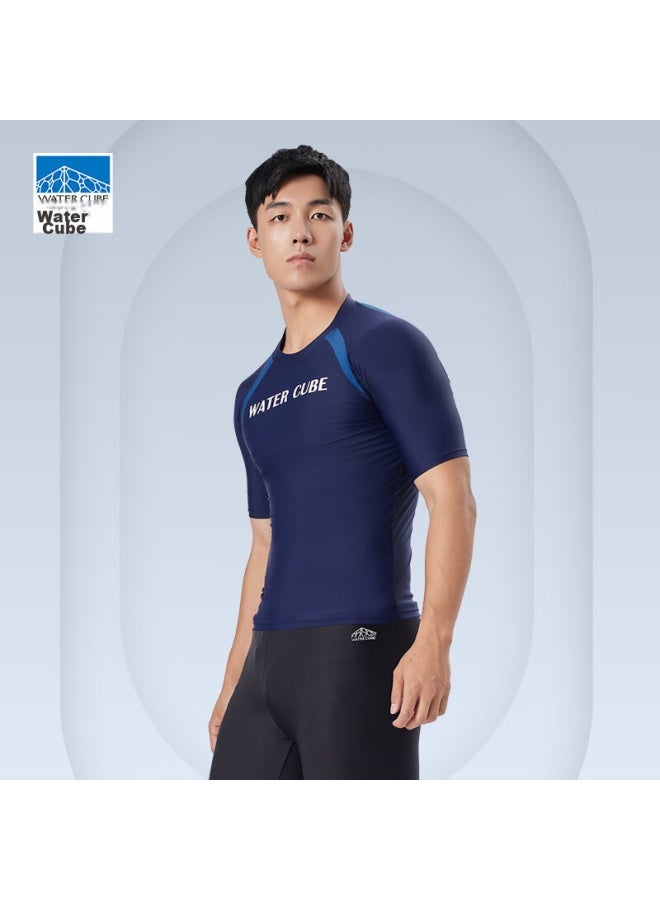 WATER CUBE Shuili Fang Men's Short-sleeve Swim Shirt, Quick-drying, Chlorine-resistant, High-elasticity, Comfortable Hot Spring Swimwear, Navy Blue, XL - Image 4