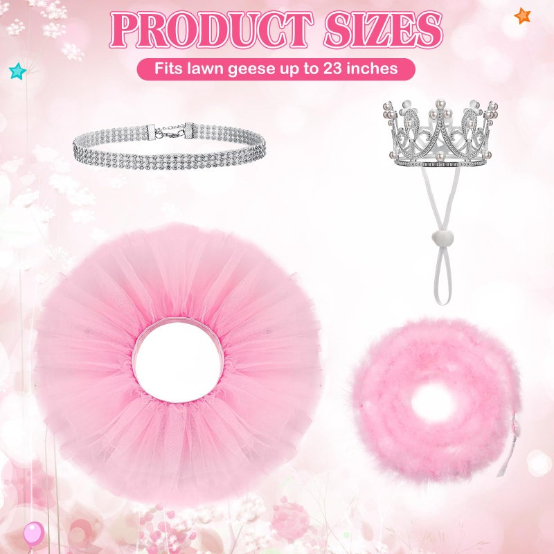 Locmeo 4 Pcs Princess Porch Goose Outfit for 23" 17" Cement Lawn Goose Costume Crown Necklace Tutu Skirt Feather Trim for Princess Outdoor Garden Lawn Art Decor(Pink) - Image 2