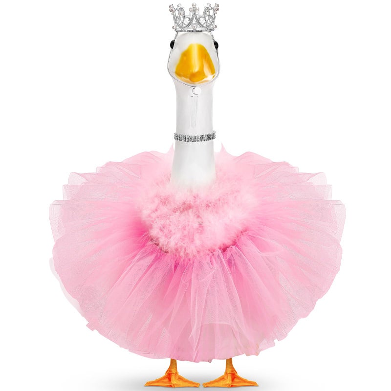 Locmeo 4 Pcs Princess Porch Goose Outfit for 23" 17" Cement Lawn Goose Costume Crown Necklace Tutu Skirt Feather Trim for Princess Outdoor Garden Lawn Art Decor(Pink) - Image 1