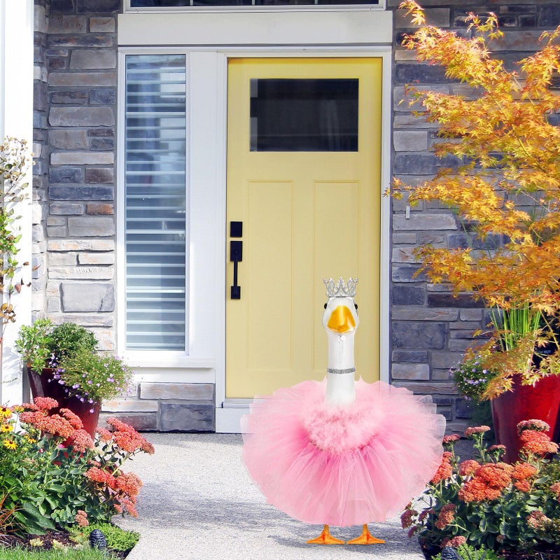 Locmeo 4 Pcs Princess Porch Goose Outfit for 23" 17" Cement Lawn Goose Costume Crown Necklace Tutu Skirt Feather Trim for Princess Outdoor Garden Lawn Art Decor(Pink) - Image 5