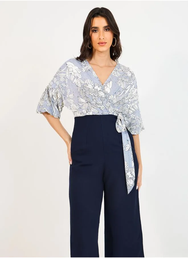 Styli Wide Leg Front Wrap Printed Jumpsuit