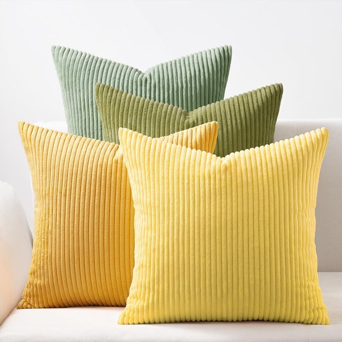 DECORATIVE THROW PILLOW COVERS 18X18 INCHES SET OF 4STRIPED CORDUROY SAGE GREEN YELLOW COLORCLASH DESIGN CUSHION COVERPILLOW CASE FOR BEDROOM COUCH SOFA LIVING ROOMSUMMER HOME DECOR