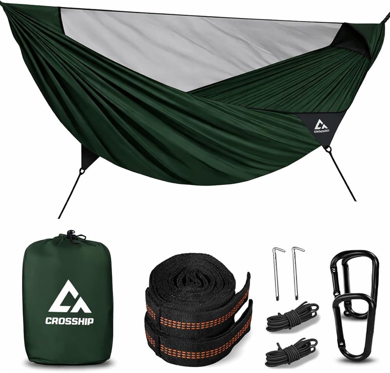 CROSSHIP Camping Hammock with Mosquito Net, 2 Person Hammock Bug Net, Portable, Parachute Nylon for Outdoor, Camping, Hiking, Backpacking, Backyard, Beach, Travel (Hold Up to 500lbs) (Forest Green) - Image 1
