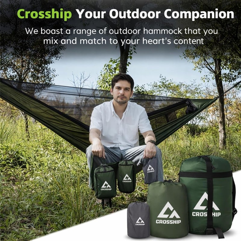 CROSSHIP Camping Hammock with Mosquito Net, 2 Person Hammock Bug Net, Portable, Parachute Nylon for Outdoor, Camping, Hiking, Backpacking, Backyard, Beach, Travel (Hold Up to 500lbs) (Forest Green) - Image 5