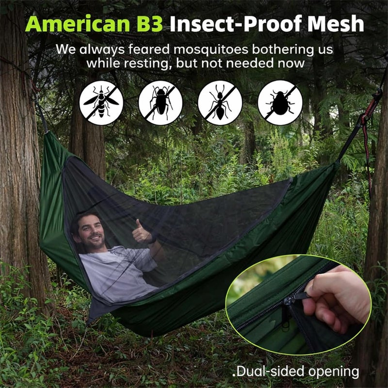 CROSSHIP Camping Hammock with Mosquito Net, 2 Person Hammock Bug Net, Portable, Parachute Nylon for Outdoor, Camping, Hiking, Backpacking, Backyard, Beach, Travel (Hold Up to 500lbs) (Forest Green) - Image 2