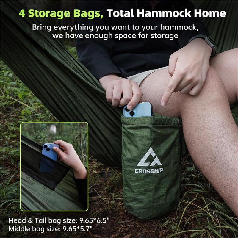 CROSSHIP Camping Hammock with Mosquito Net, 2 Person Hammock Bug Net, Portable, Parachute Nylon for Outdoor, Camping, Hiking, Backpacking, Backyard, Beach, Travel (Hold Up to 500lbs) (Forest Green) - Image 3