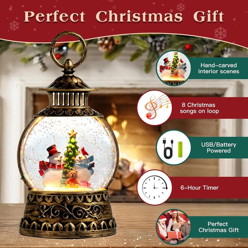 Aixuler Christmas Snowman Snow Globe, Snowman Musical Snow Globe Lantern Lights with 6H Timer Battery & USB Powered, Retro Style Holiday Glitter Globe for Xmas Home Decoration Holiday Party Gifts - Image 2
