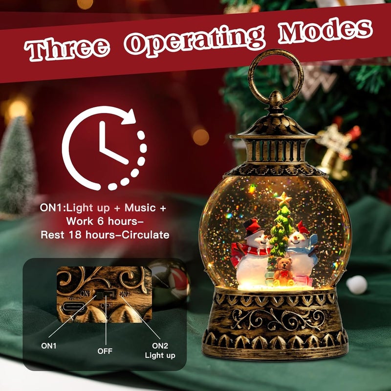 Aixuler Christmas Snowman Snow Globe, Snowman Musical Snow Globe Lantern Lights with 6H Timer Battery & USB Powered, Retro Style Holiday Glitter Globe for Xmas Home Decoration Holiday Party Gifts - Image 5