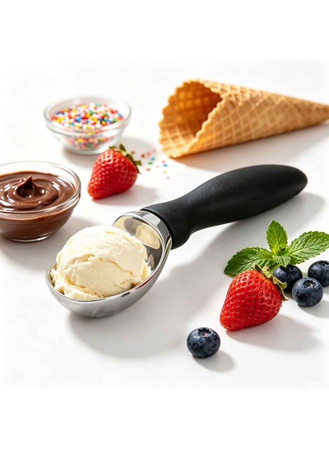 Heavy Duty Ice Cream Scoop with Comfortable Handle,Professional Ice Cream Scooper for Gelato, Sorbet, Cookie Dough, Melon, Frozen Yogurt,Dishwasher Safe Metal Kitchen Tool,Black,Summer Kitchen Essentials - Image 1