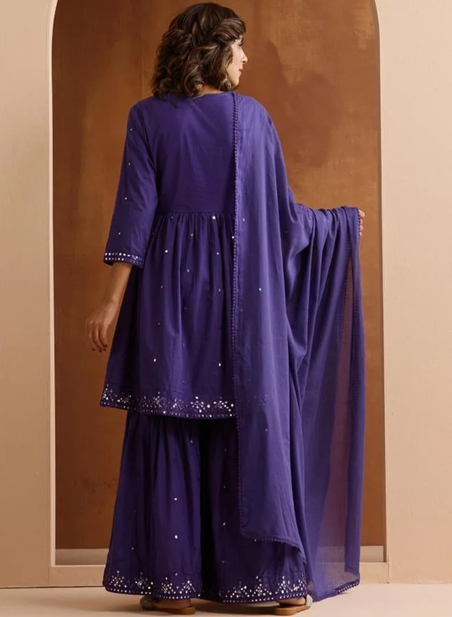 ISHIN Women's Purple 100% Cotton Embellished Tunic Top With Ankle Palazzo Flared Kurta Set