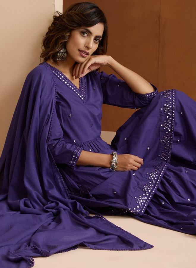 ISHIN Women's Purple 100% Cotton Embellished Tunic Top With Ankle Palazzo Flared Kurta Set - Image 1