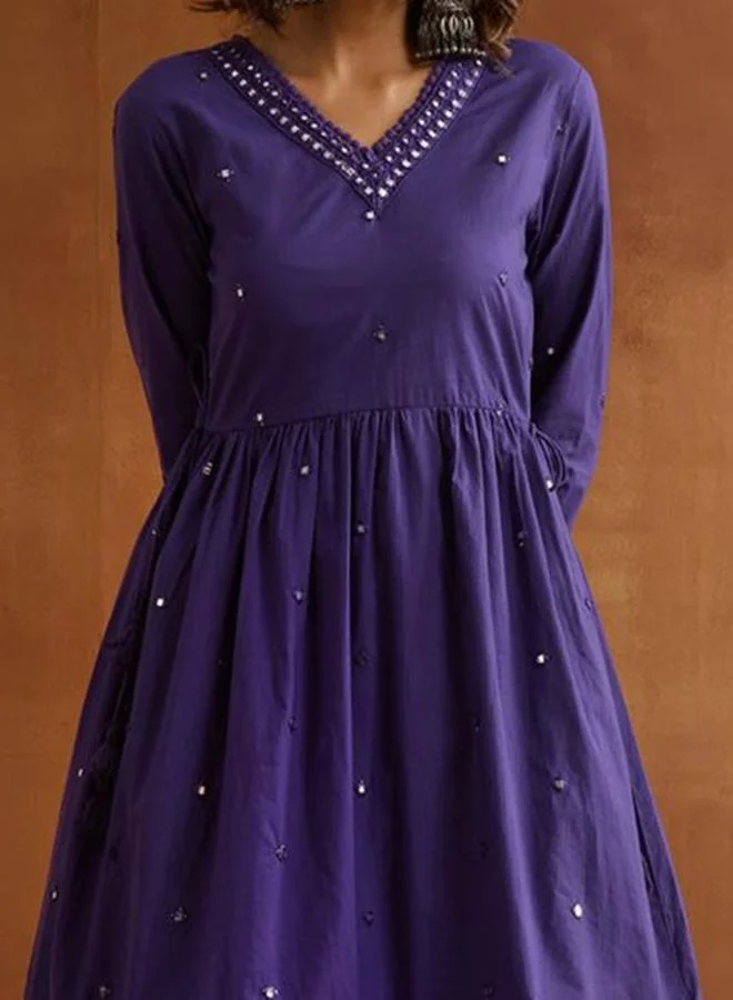 ISHIN Women's Purple 100% Cotton Embellished Tunic Top With Ankle Palazzo Flared Kurta Set