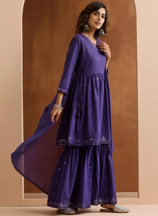 ISHIN Women's Purple 100% Cotton Embellished Tunic Top With Ankle Palazzo Flared Kurta Set
