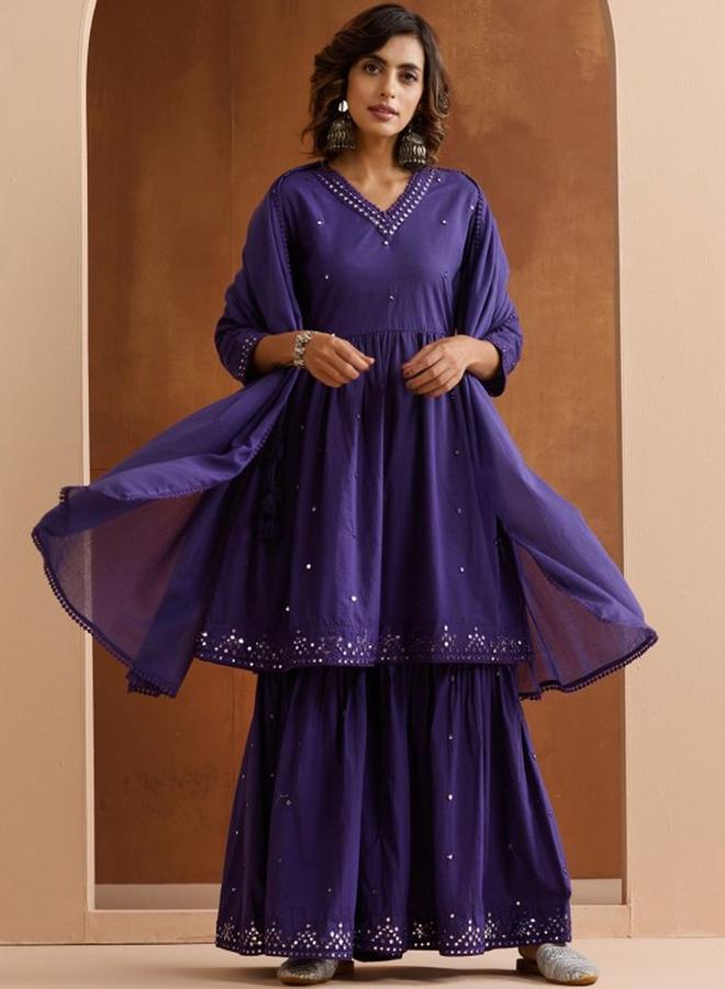 ISHIN Women's Purple 100% Cotton Embellished Tunic Top With Ankle Palazzo Flared Kurta Set - Image 2
