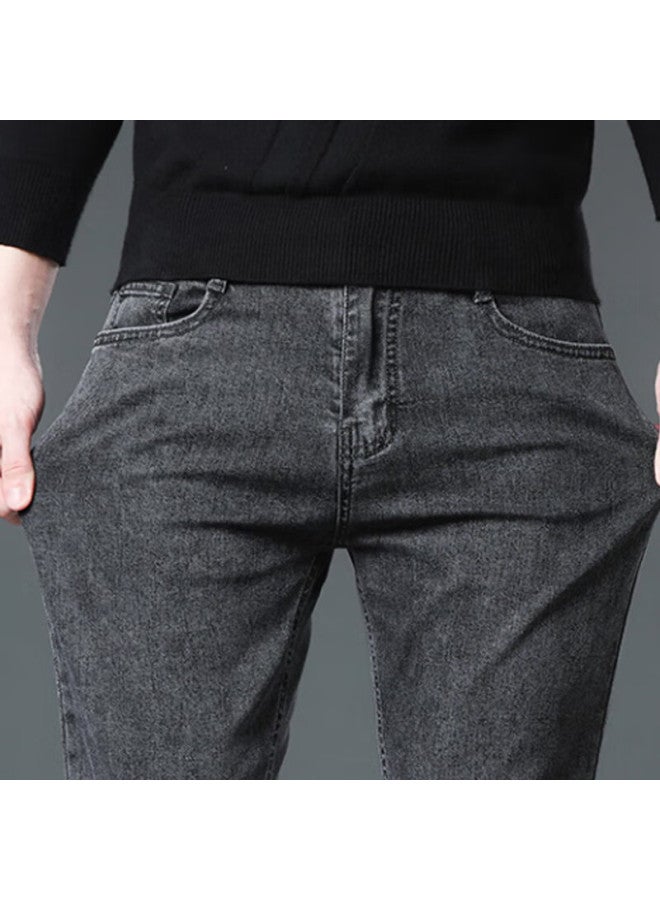 Tucano Men's Denim Jeans Autumn Winter Casual Fleece Lined Thickened Straight Fit Pants Gray Fleece Lined Size 38 - Image 2