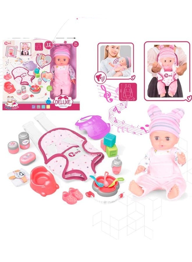 Toy Box Toys Cute Baby Doll Play Set With 12 Sounds Accessories & Backpack For Kids 