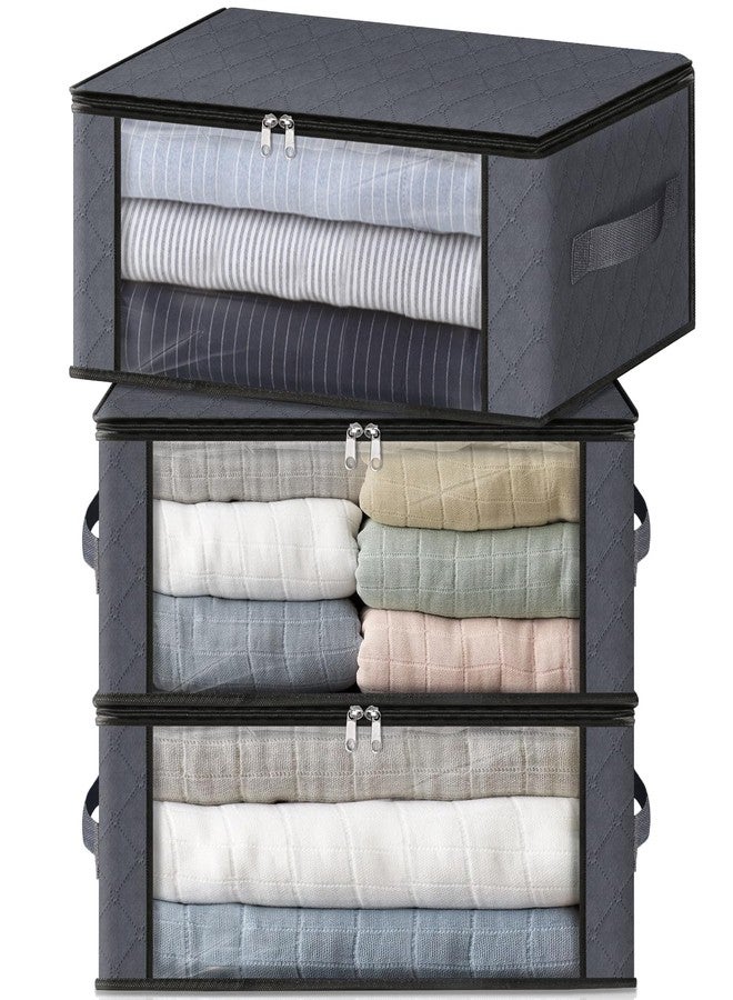 HomeHacks Storage 3-Pack Clothes Organizer Storage Bags Foldable Storage Box with Large Clear Window Sturdy Handles for Closet, Dorm, Pillows, Bedding, Clothes, Blankets, 35L, Gray - Image 1