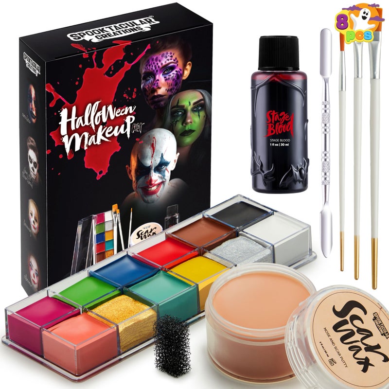 Spooktacular Creations Spooktacular Creations 8 PCS Halloween Makeup Kit SFX Face Body Paint Set with Wound Scar Wax12 Colors Face Paint PaletteFake BloodSpatulaBrushes for Halloween CostumeZombie Makeup Dress Up