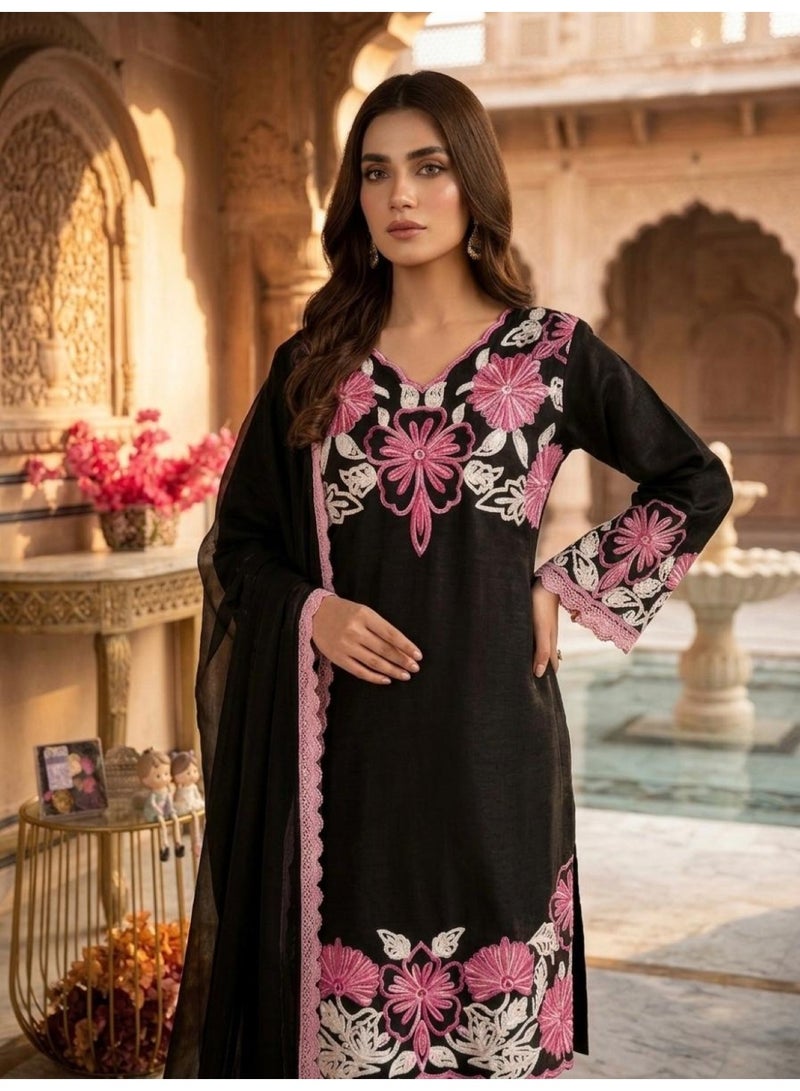 ANAITA Black Silk Readymade Suit with Thread Embroidery Work - Image 2