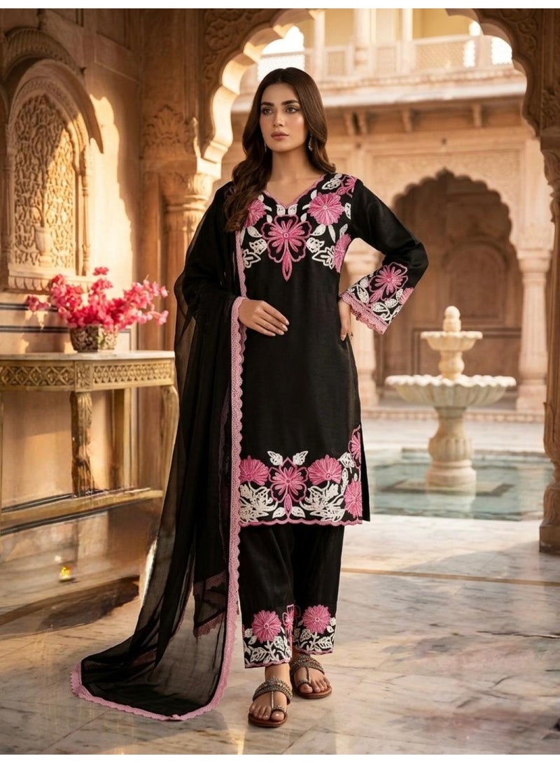 ANAITA Black Silk Readymade Suit with Thread Embroidery Work - Image 1