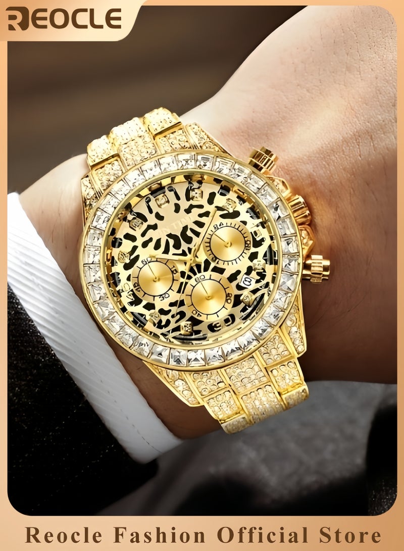 REOCLE Men's Quartz Watch with Leopard Print Round Dial & 3 Row Diamond Strap & Chronograph Date & Waterproof Dress Wrist Watch for Business Meeting Travel Banquet  - Image 1