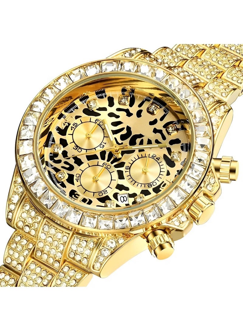 REOCLE Men's Quartz Watch with Leopard Print Round Dial & 3 Row Diamond Strap & Chronograph Date & Waterproof Dress Wrist Watch for Business Meeting Travel Banquet  - Image 3