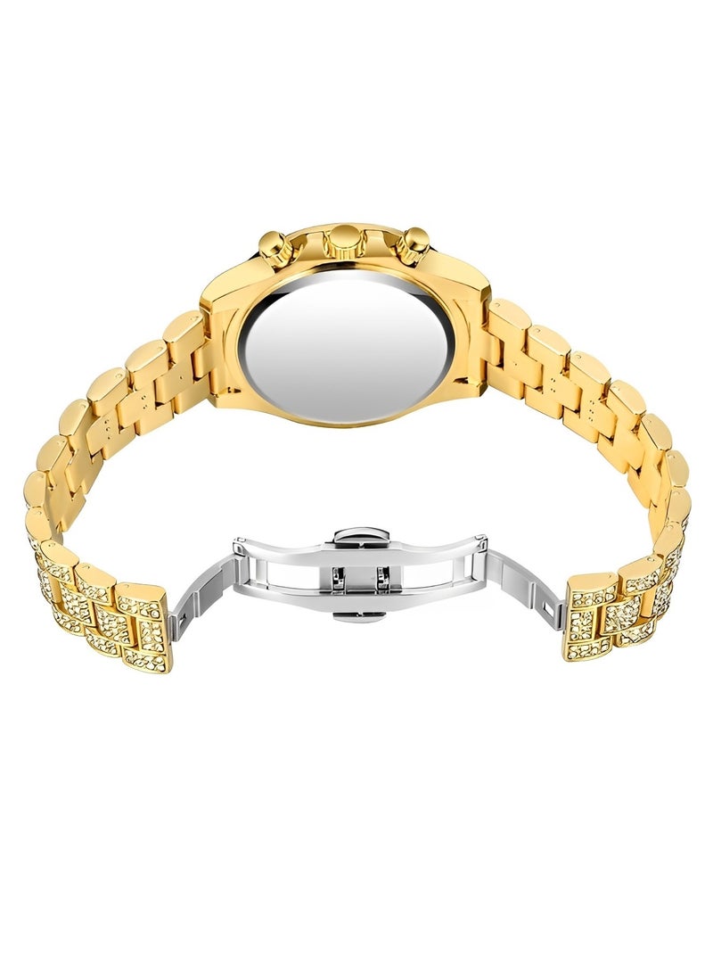 REOCLE Men's Quartz Watch with Leopard Print Round Dial & 3 Row Diamond Strap & Chronograph Date & Waterproof Dress Wrist Watch for Business Meeting Travel Banquet  - Image 4