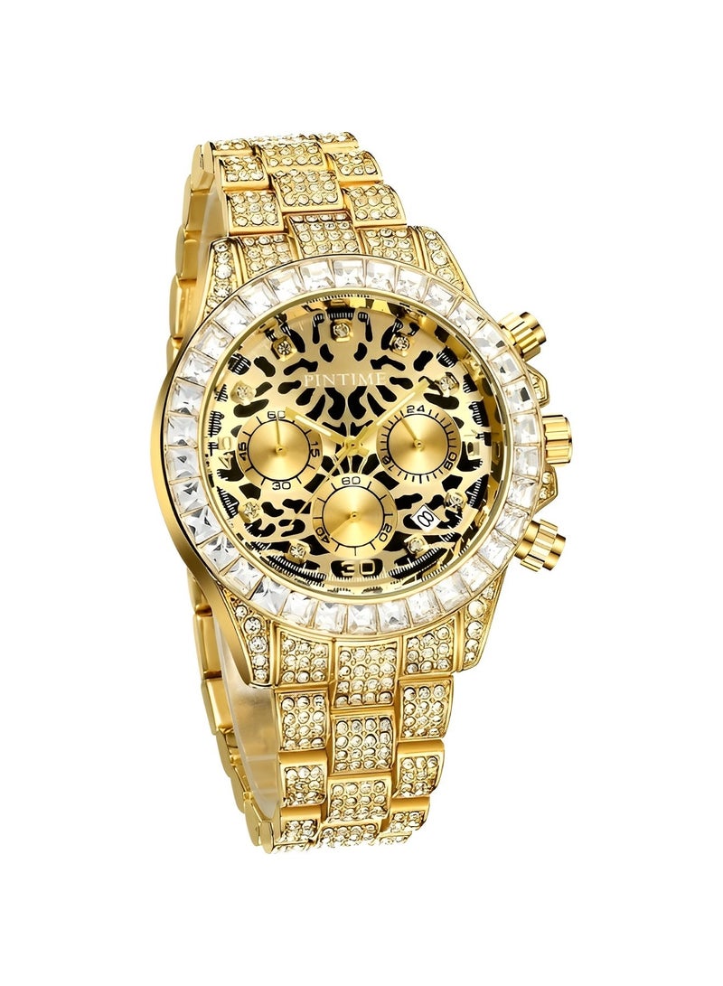 REOCLE Men's Quartz Watch with Leopard Print Round Dial & 3 Row Diamond Strap & Chronograph Date & Waterproof Dress Wrist Watch for Business Meeting Travel Banquet  - Image 5