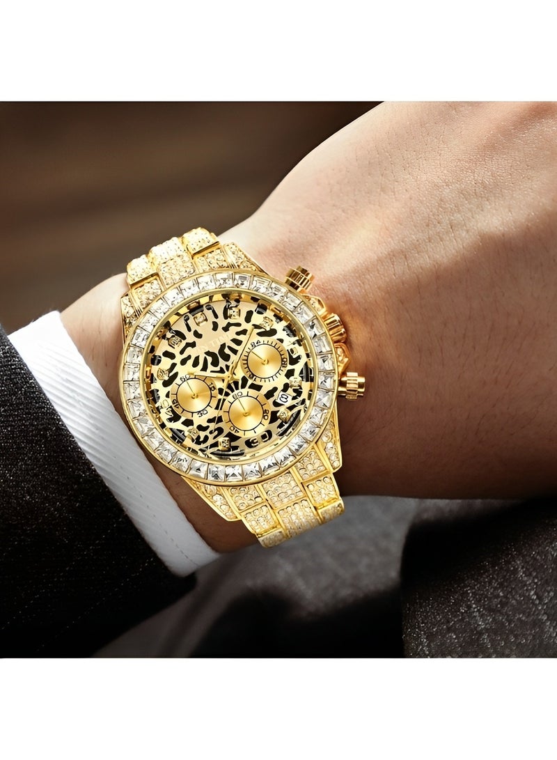 REOCLE Men's Quartz Watch with Leopard Print Round Dial & 3 Row Diamond Strap & Chronograph Date & Waterproof Dress Wrist Watch for Business Meeting Travel Banquet  - Image 2