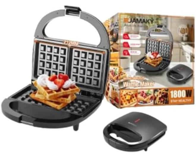 جامايكا صانعة الوافل، ١٨٠٠ واط، ألواح ألومنيوم غير لاصقة، تحكم تلقائي في درجة الحرارة، لوحان للشواء، أسود JMK2029 - Image 1