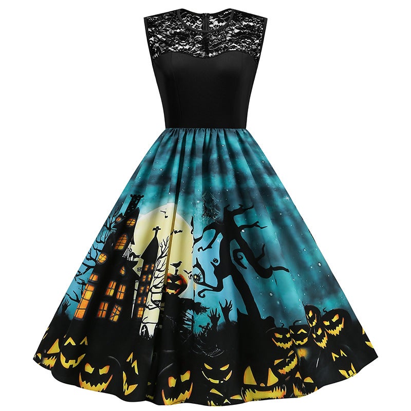 Vintage Lace Patchwork Fitted Swing Dress for Women 8055 Fashion - Image 1