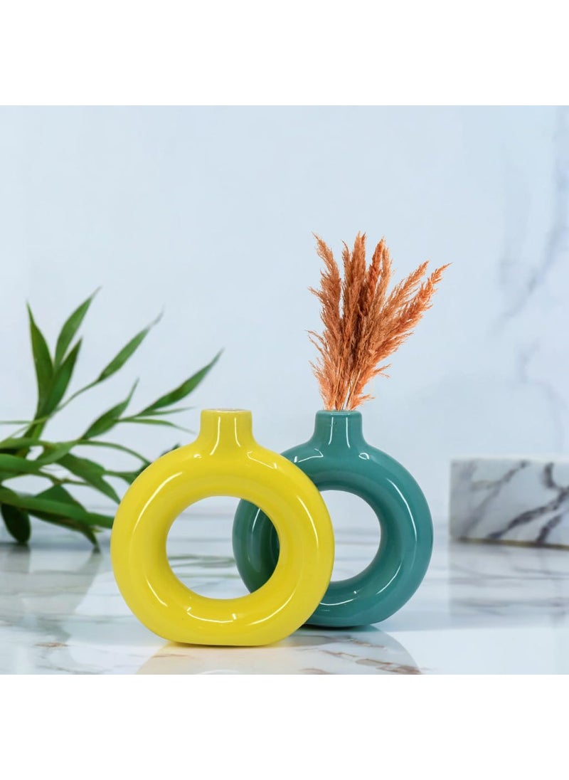 The Decor Lane - The Decor Lane Artisan Crafted Ceramic Donut Shaped Vase for Pampas Grass | for Unique Home Décor | Ceramic Donut Vase, Flower Vase Pampas Grass Vase (T.BLU-Yellow, 6 INCHES Pack of 2) - Image 1