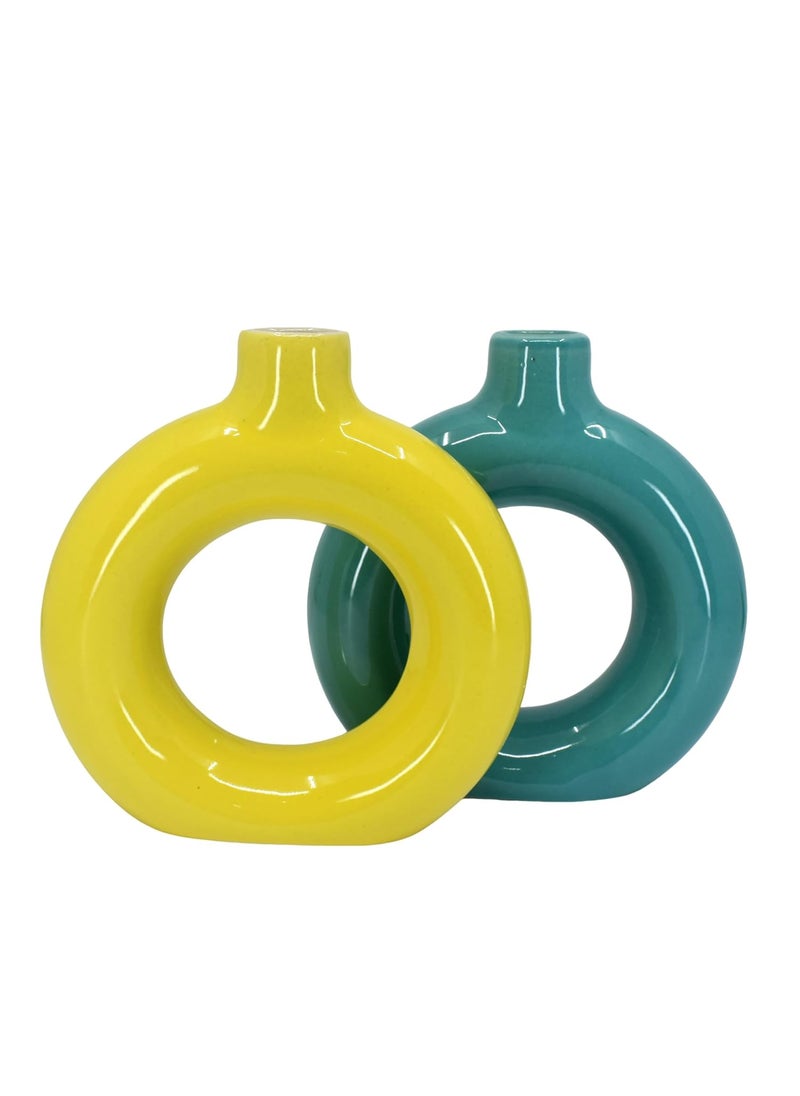 The Decor Lane - The Decor Lane Artisan Crafted Ceramic Donut Shaped Vase for Pampas Grass | for Unique Home Décor | Ceramic Donut Vase, Flower Vase Pampas Grass Vase (T.BLU-Yellow, 6 INCHES Pack of 2) - Image 1