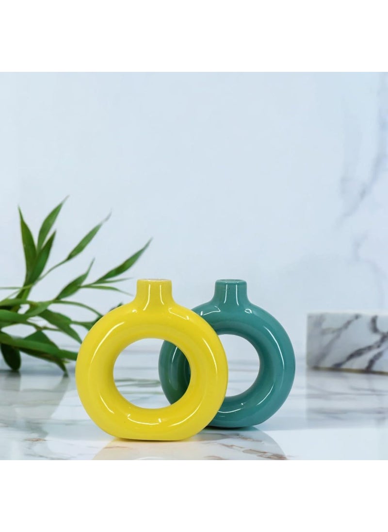 The Decor Lane - The Decor Lane Artisan Crafted Ceramic Donut Shaped Vase for Pampas Grass | for Unique Home Décor | Ceramic Donut Vase, Flower Vase Pampas Grass Vase (T.BLU-Yellow, 6 INCHES Pack of 2) - Image 1