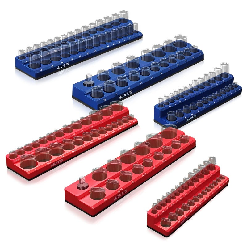 AIUITIO 6Piece Magnetic Socket Organizer Set Magnetic Socket Holder Includes 14 38 12 Drive Metric SAE Socket TraysHolds Standard and Deep Sockets 6Piece Magnetic Socket Organizer - Image 2