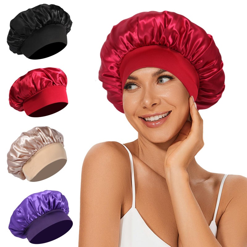 4Pcs Satin Bonnet Silk Bonnet Hair Bonnet for Sleeping Elastic Wide Band Silk Sleep Cap Soft and Breathable Black Red Purple Gold