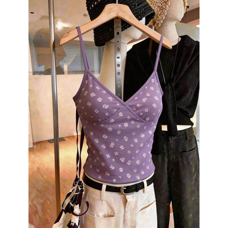 Korean Style V-Neck Floral Print Camisole Top - Image 2