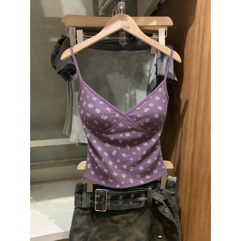 Korean Style V-Neck Floral Print Camisole Top - Image 1