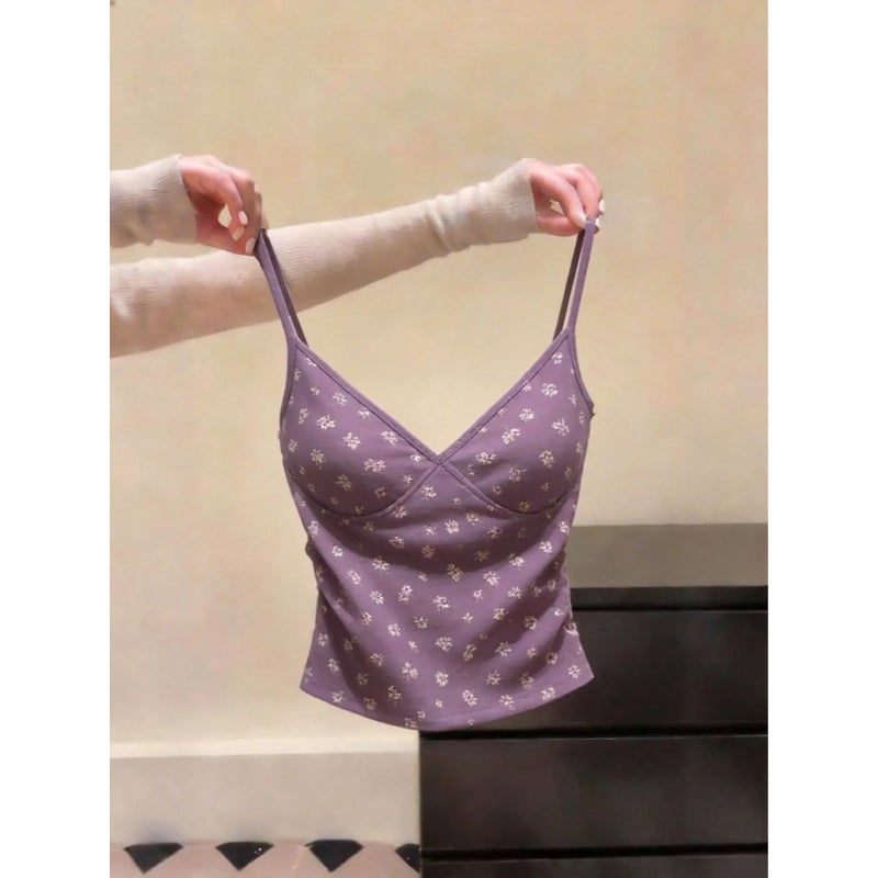 Korean Style V-Neck Floral Print Camisole Top - Image 4
