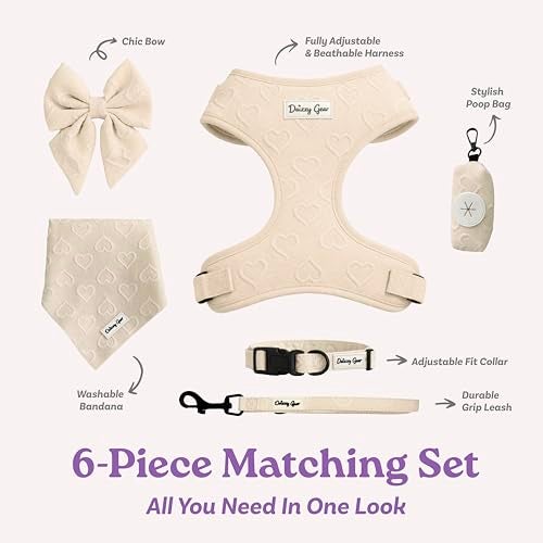 Daizzy Gear Medium Dog Harness Set – Cute No Pull, All Weather, Breathable Harness and Leash Set with Collar, Bandana, Sailor Bow & Poop Bag Holder – Adjustable, Soft & Stylish - Cream Hearts on Jacquard Fabric - Image 3