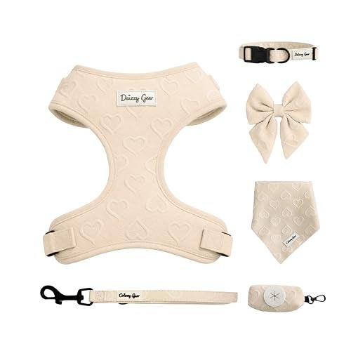Daizzy Gear Medium Dog Harness Set – Cute No Pull, All Weather, Breathable Harness and Leash Set with Collar, Bandana, Sailor Bow & Poop Bag Holder – Adjustable, Soft & Stylish - Cream Hearts on Jacquard Fabric - Image 1