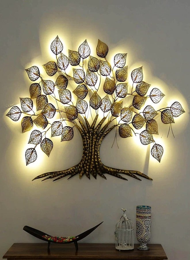 Meqstore شجرة ذهبية مصنوعة يدوياً من Meqstore Nesfur مع إضاءة LED، ديكور منزلي، ديكور حائط، هدية ديوالي، هدية للشركات، معبد منزلي، غرفة صلاة (55 × 2 × 38 بوصة) - Image 2