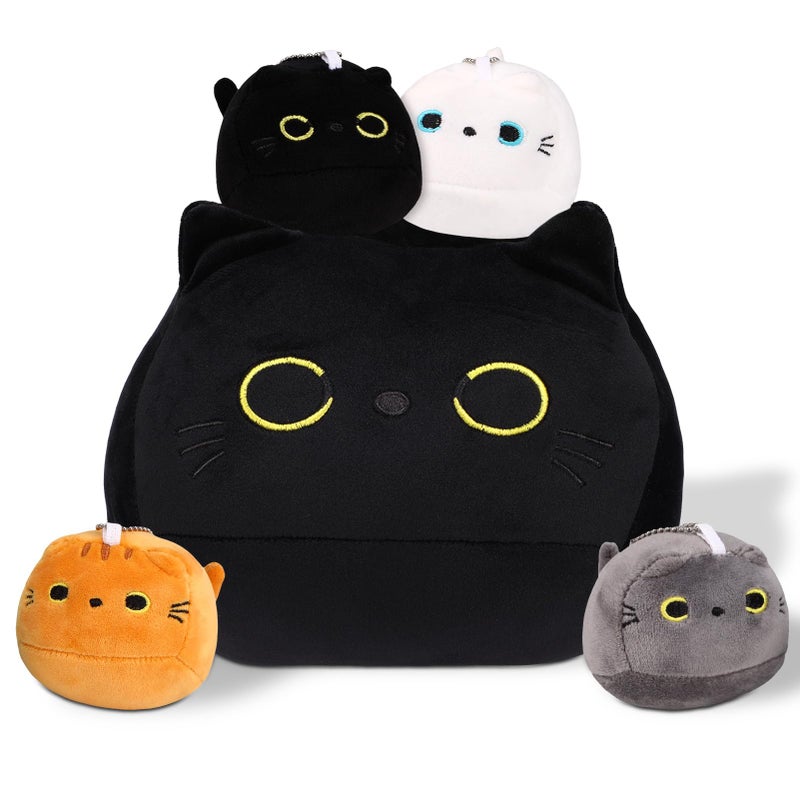 Guiqulai Black Cat Plush Toy Set 1 Pcs 9 Giant Black Cat with 4 Pcs Baby Kittens Keychain Plush Stuffed Animal Family Gothic Cat Gift for Halloween Birthday Christmas - Image 3