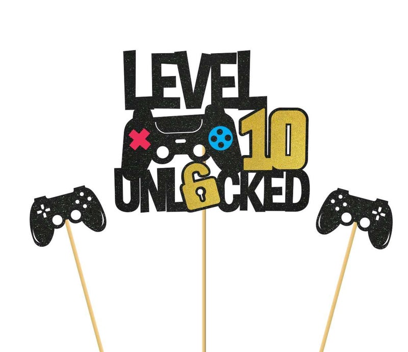 SVM CRAFT® Level 10th Unlocked Sign Cake Topper, Happy 10th Birthday Level Up Tenth Cake Decorations, cake topper for 10 year birthday. cheers to 10 years cake topper - Image 1
