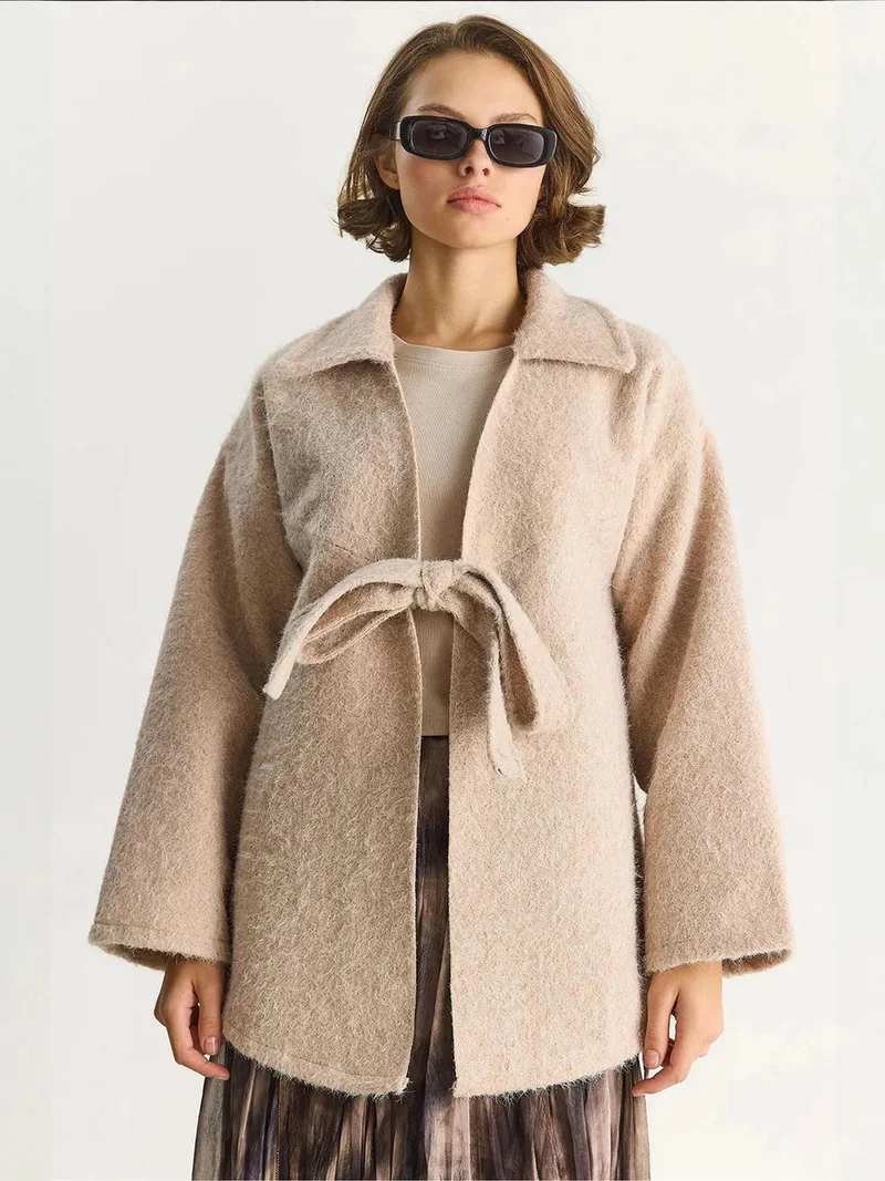 LUCCI Textured Oversized V-Neck Tie Closure Cardigan