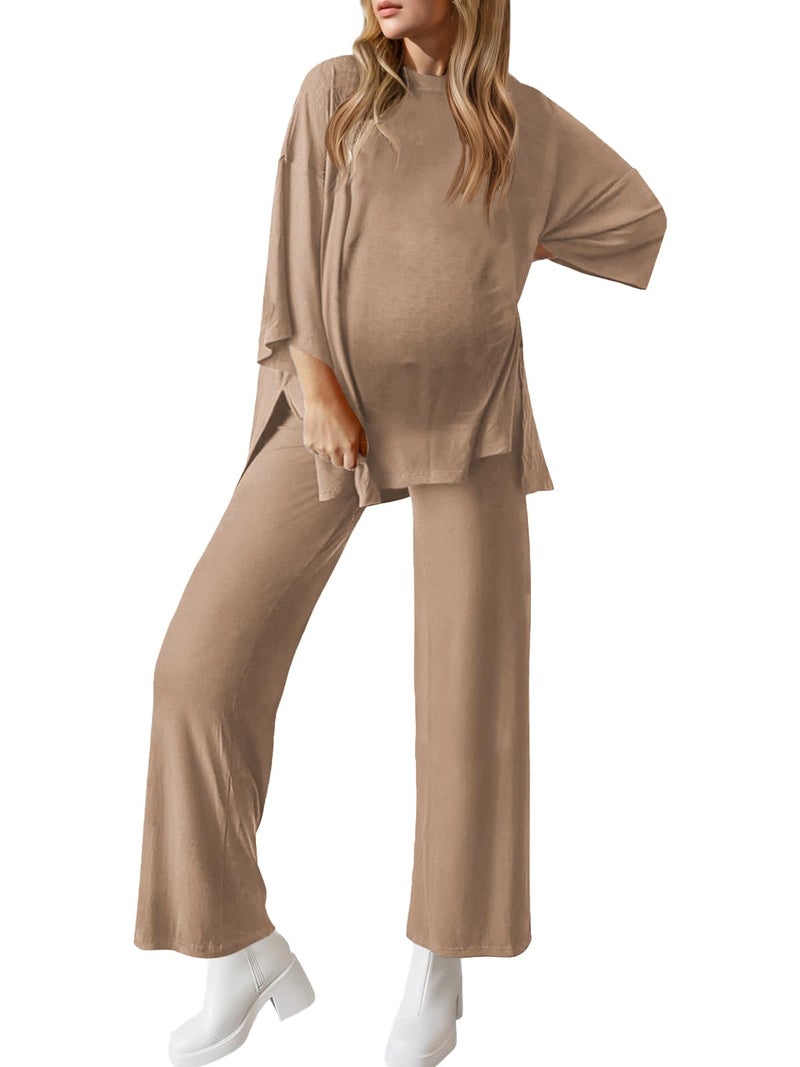 FMEYOA Nursing Pajama Set Long Sleeve Maternity Sleepwear Labor Delivery Pjs Khaki Breastfeeding Shirts Postpartum Pajamas M - Image 2