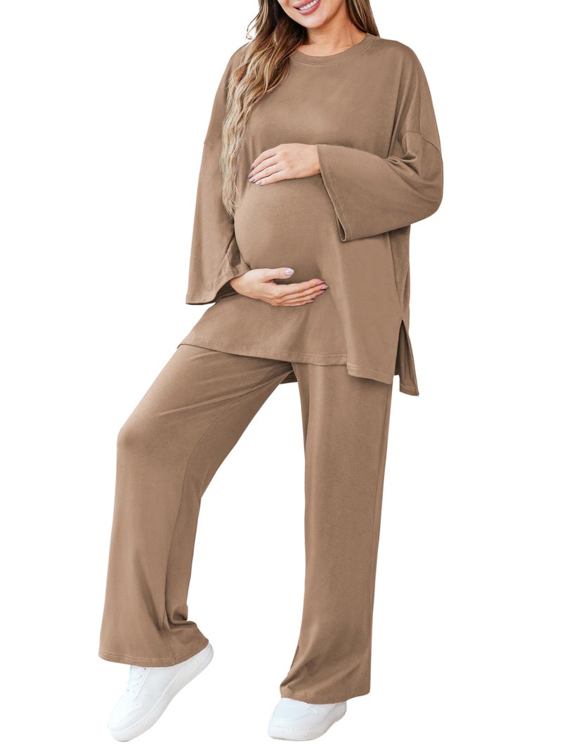 FMEYOA Nursing Pajama Set Long Sleeve Maternity Sleepwear Labor Delivery Pjs Khaki Breastfeeding Shirts Postpartum Pajamas M - Image 1